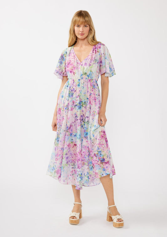 Light Pink Watercolor Floral Flutter Sleeve Midi Dress