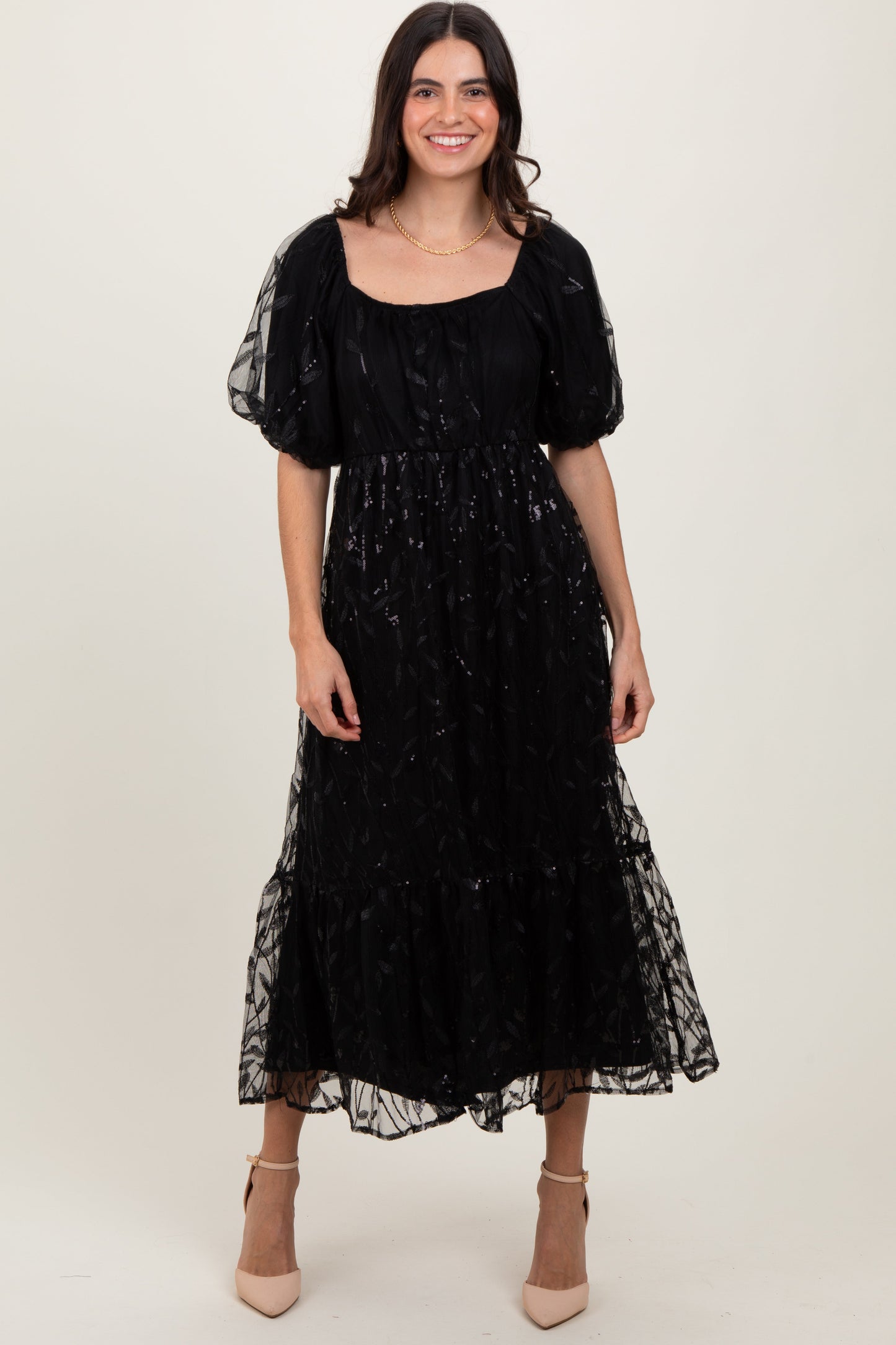 Black Embroidered Sequin Detail Mesh Overlay Maxi Dress