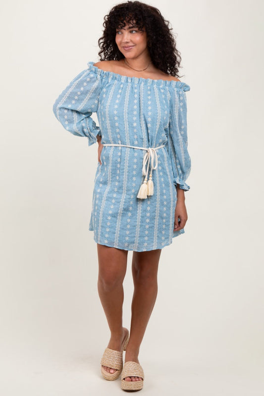 Light Blue Embroidered Off Shoulder Dress