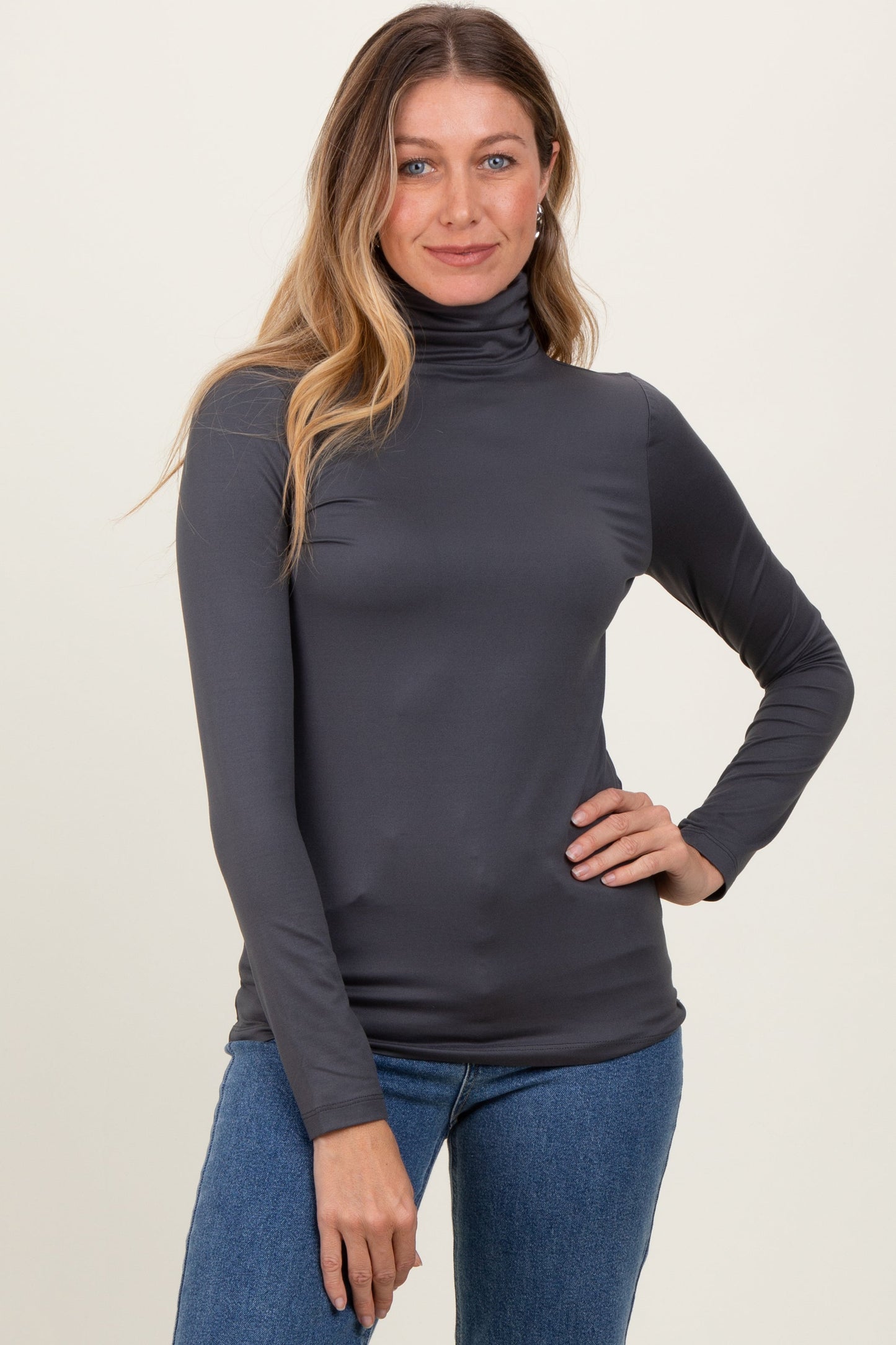 Charcoal Brushed Knit Basic Turtleneck Top