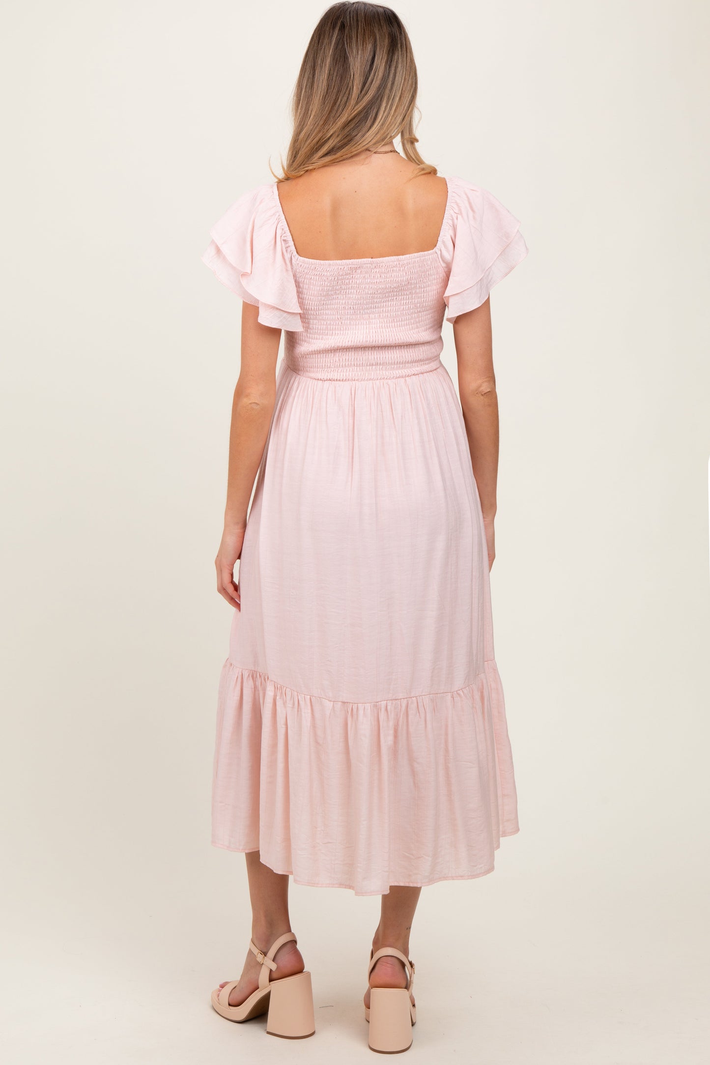 Light Pink Flutter Sleeve Maternity Midi Dress