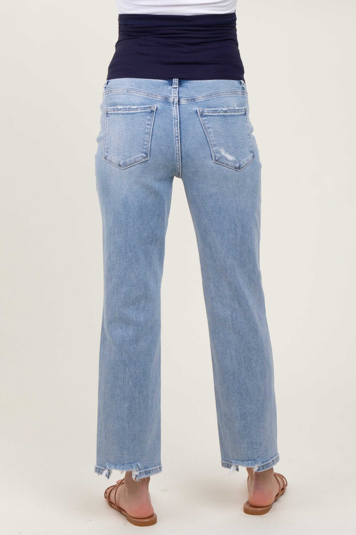 Light Blue Distressed Cutout Maternity Straight Leg Ankle Jeans
