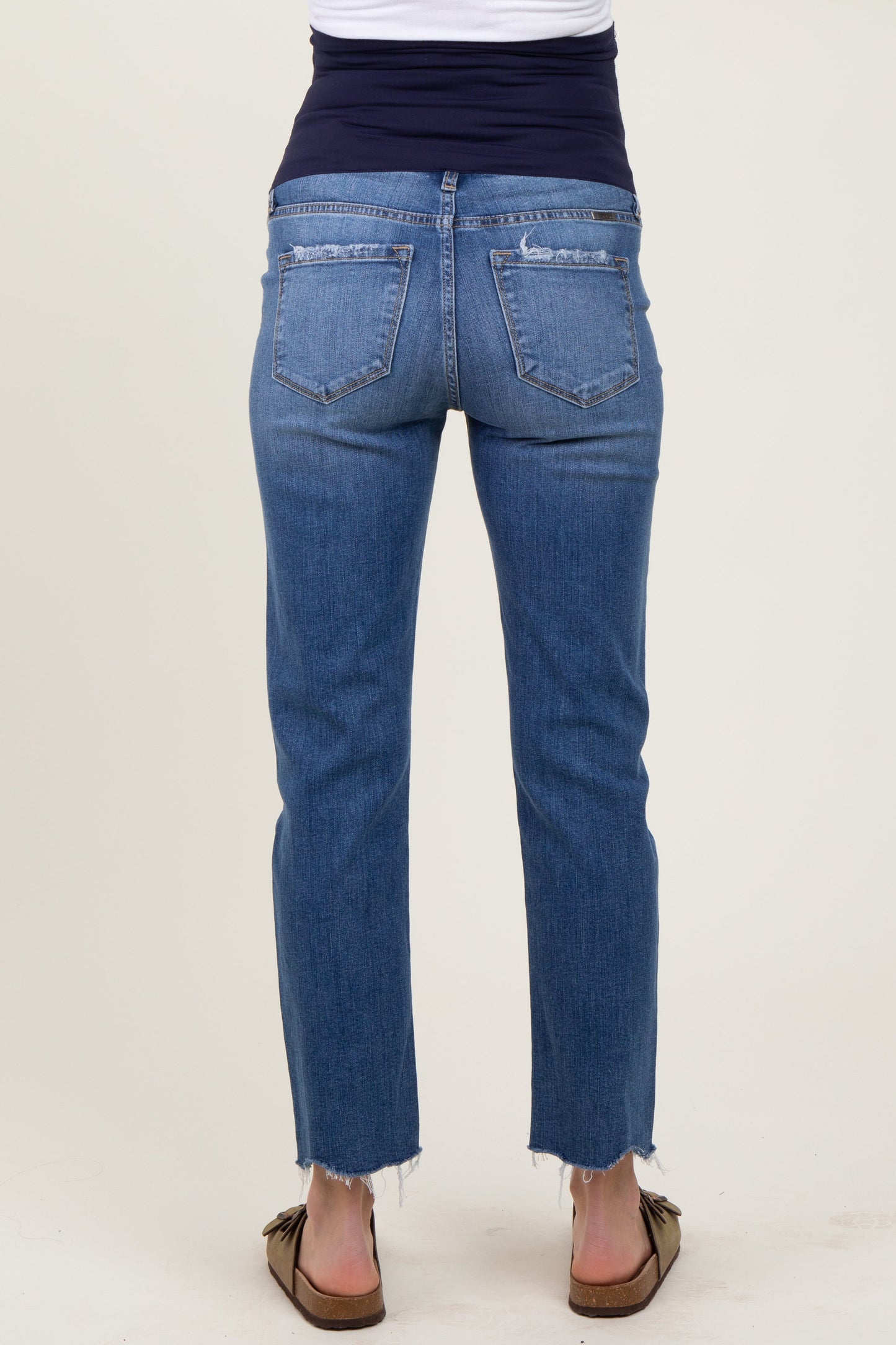 Blue Distressed Raw Hem Slim Straight Maternity Jeans