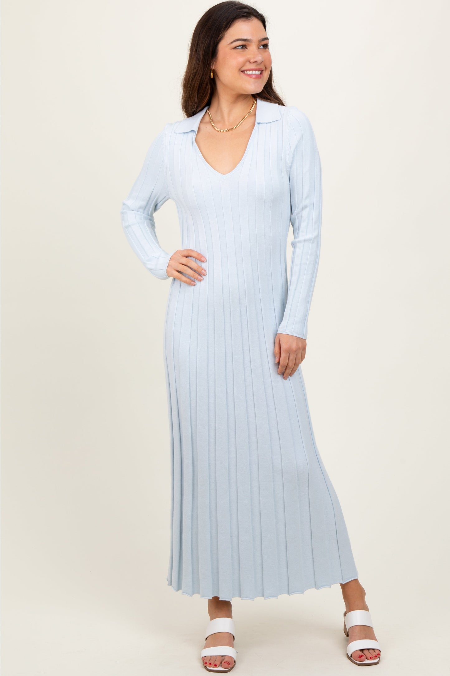 Light Blue Wide Ribbed Knit Collared Midi Dress