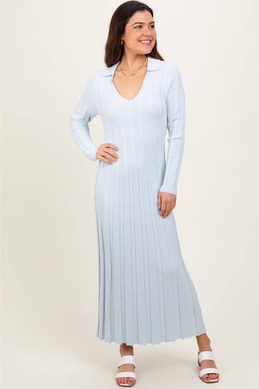 Light Blue Wide Ribbed Knit Collared Midi Dress