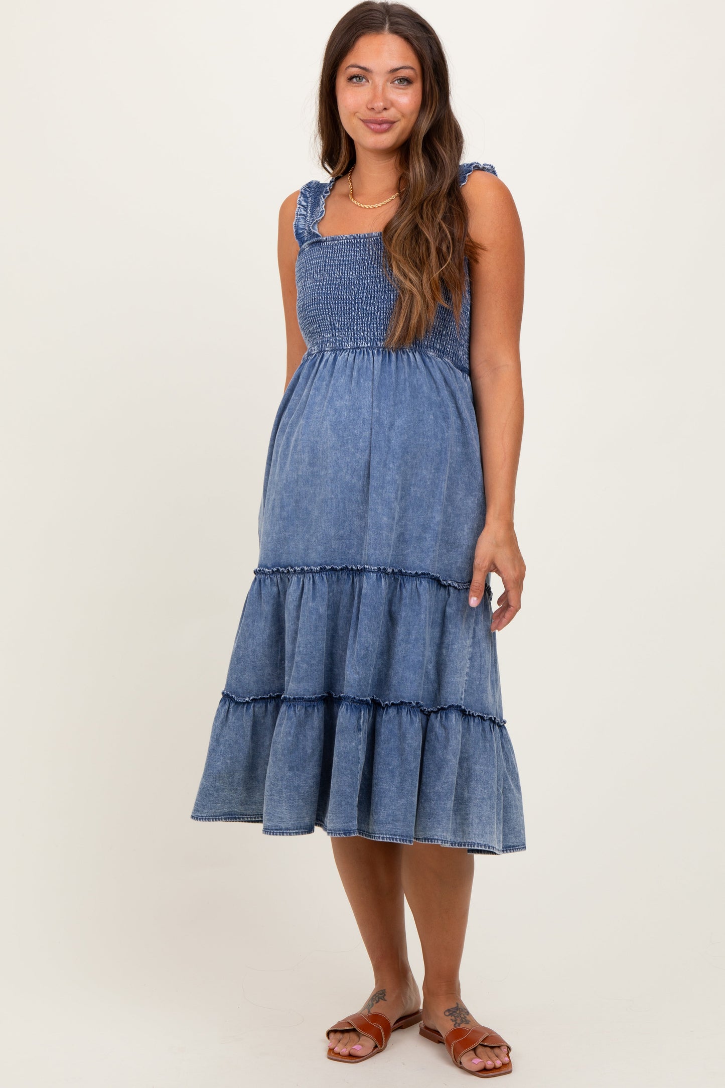 Blue Chambray Smocked Ruffle Tiered Maternity Midi Dress
