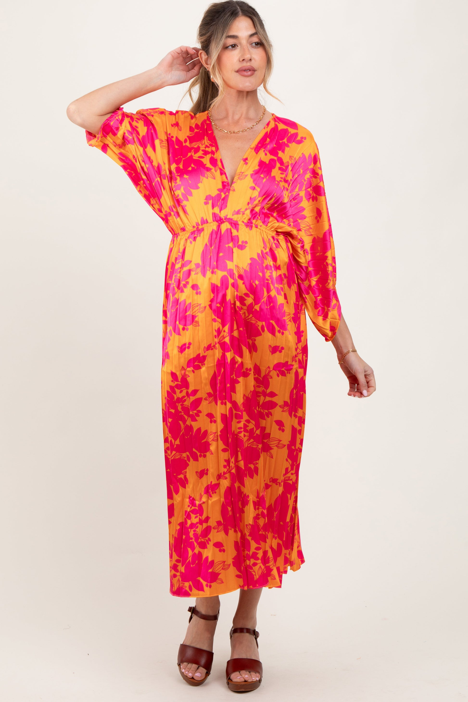 orange maternity floral dress Hello Miz Maternity Floral Off-the-Shoulder Ruffle Bodycon Dress