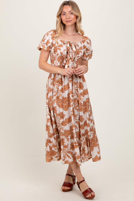Mocha Floral Smocked Triple Front Tie Midi Dress