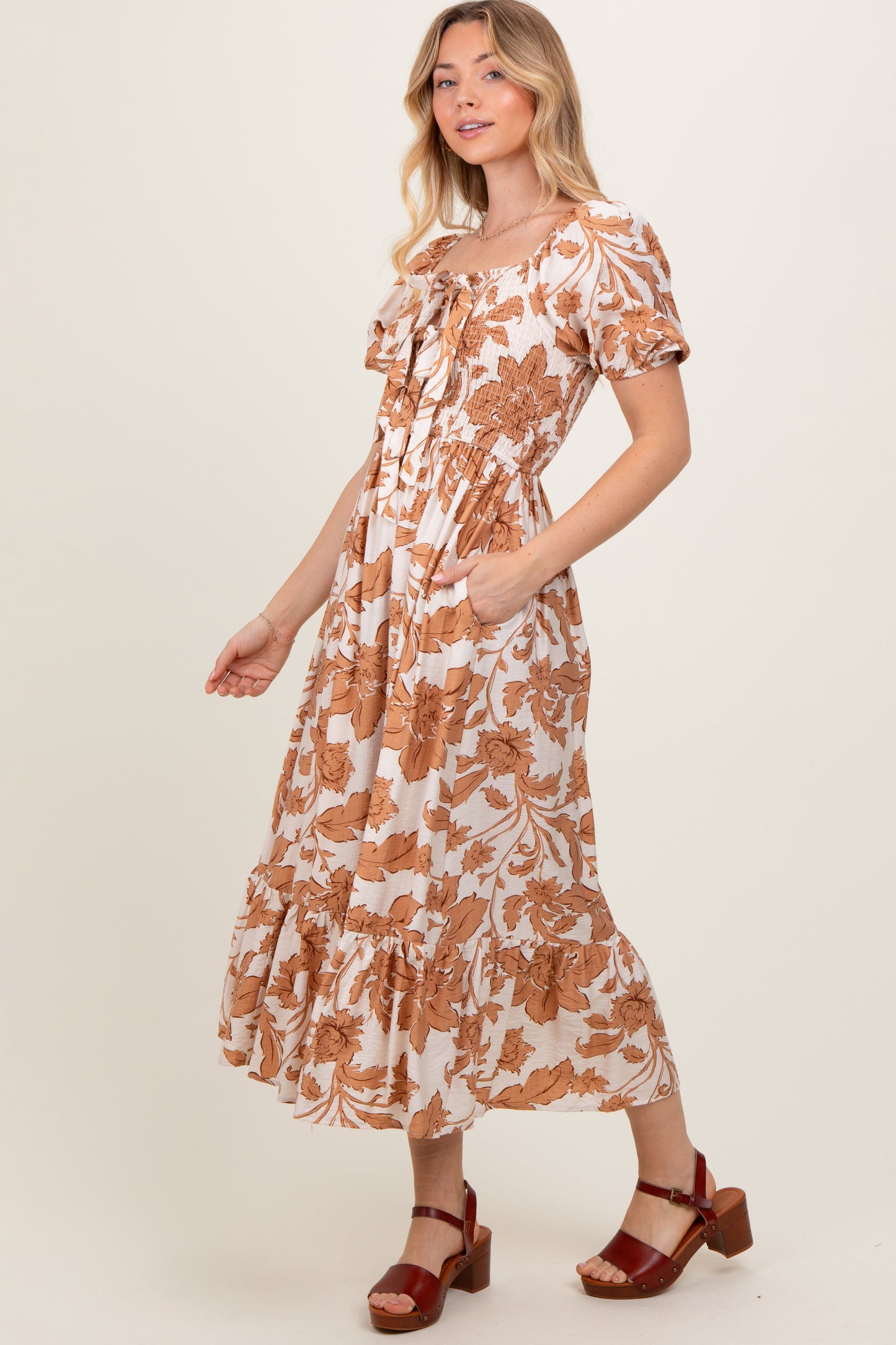Mocha Floral Smocked Triple Front Tie Midi Dress