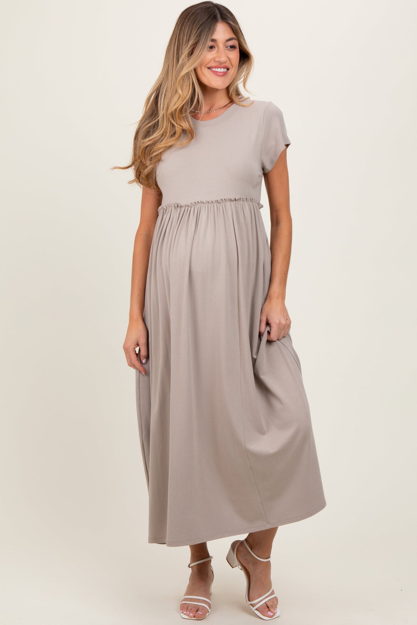 Taupe Ruffle Trim Maternity Maxi Dress