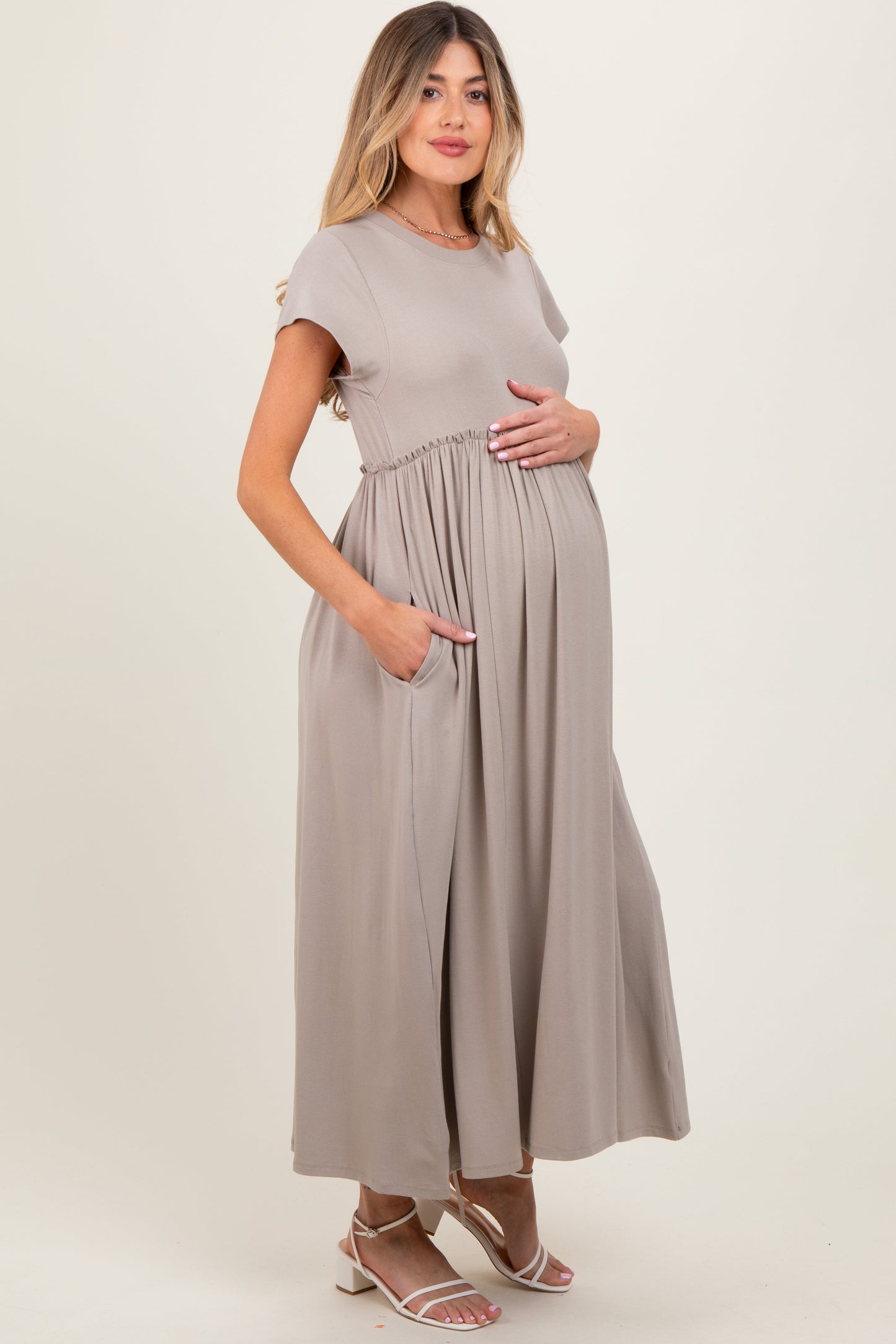 Taupe Ruffle Trim Maternity Maxi Dress