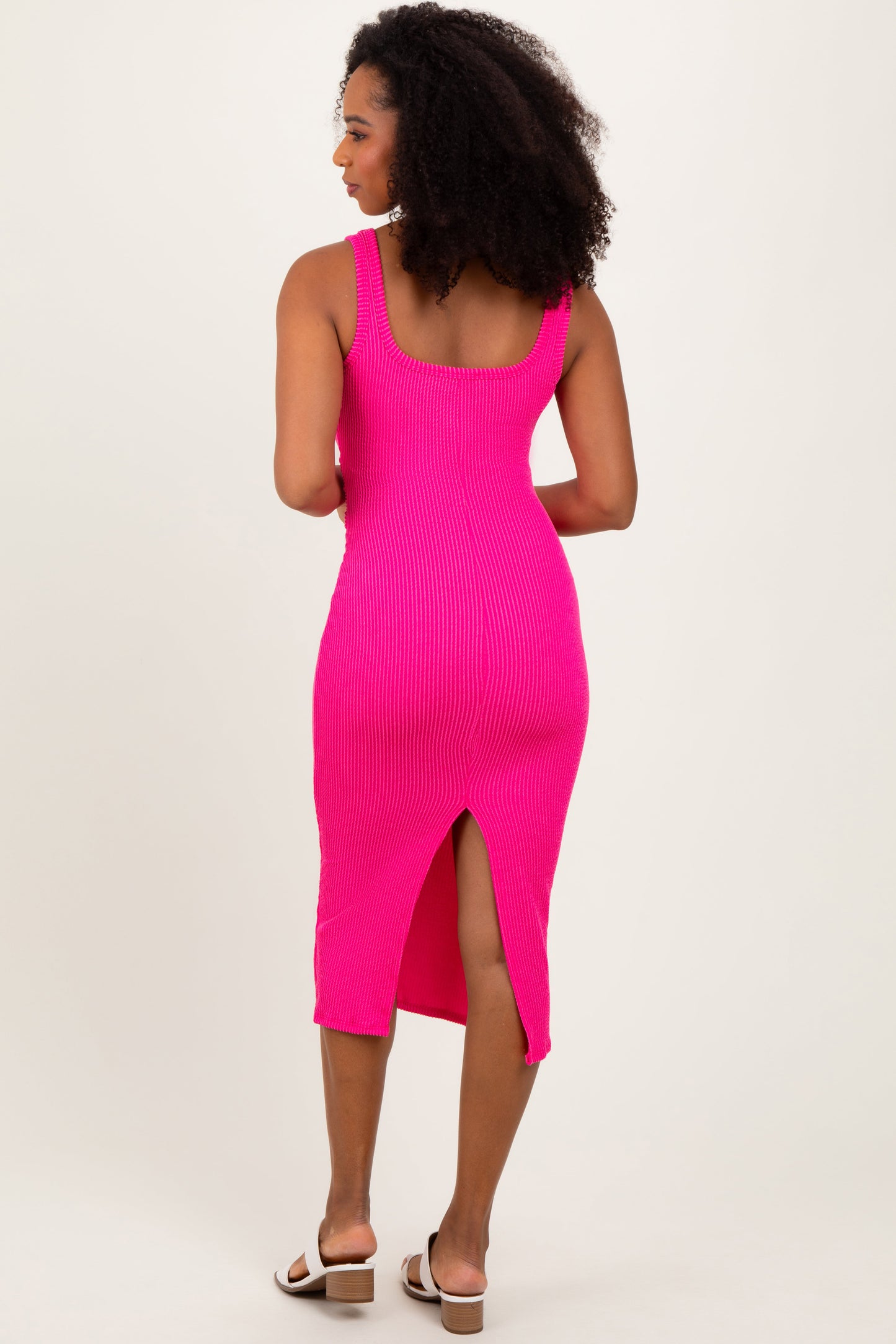 Fuchsia Ribbed Front Tie Sleeveless Midi Dress