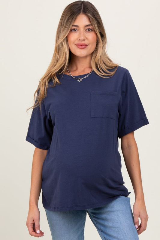 Navy Oversized Pocket Front Short Sleeve Maternity Top