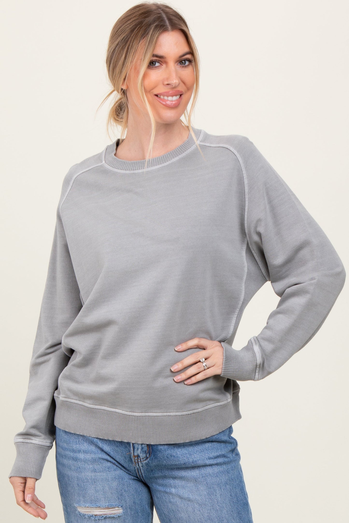 Heather Grey French Terry Vintage Wash Maternity Pullover