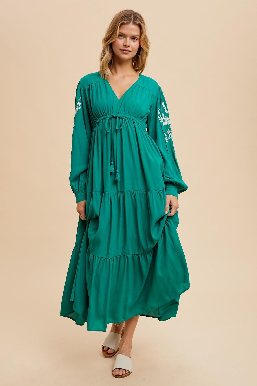 Jade Embroidered Long Sleeve Maxi Dress