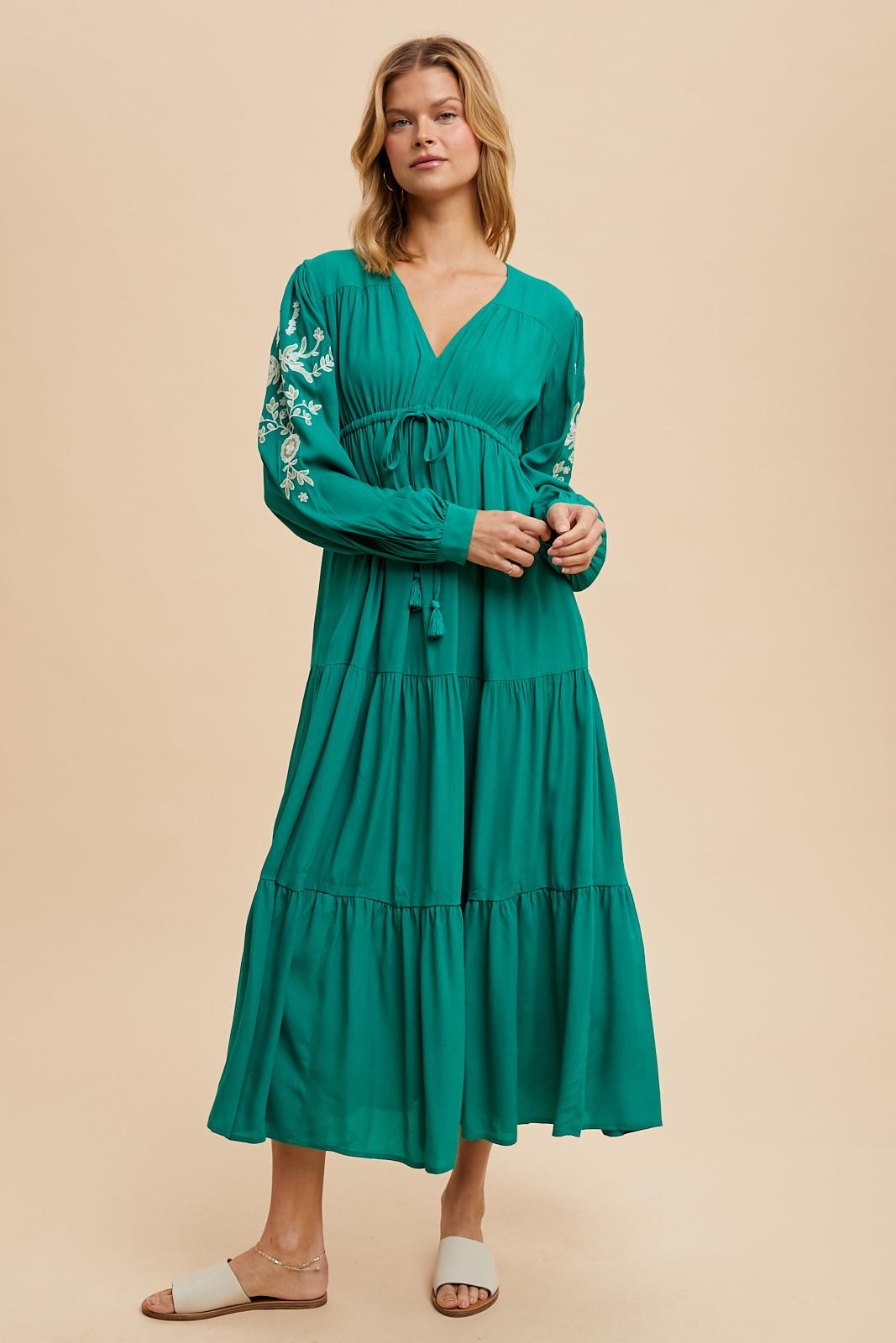 Jade Embroidered Long Sleeve Maxi Dress