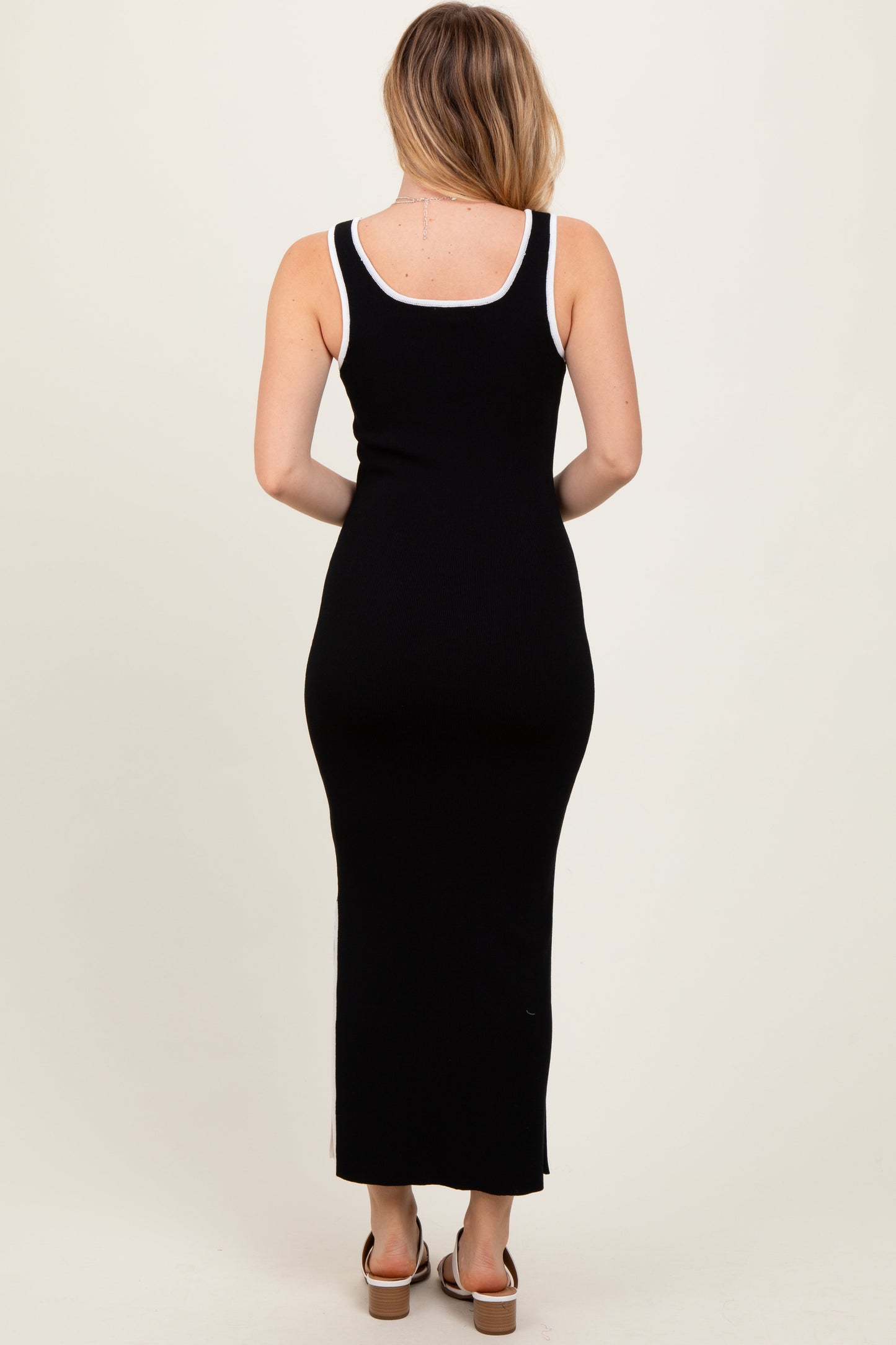 Black Colorblock Trim Knit Side Slit Midi Dress