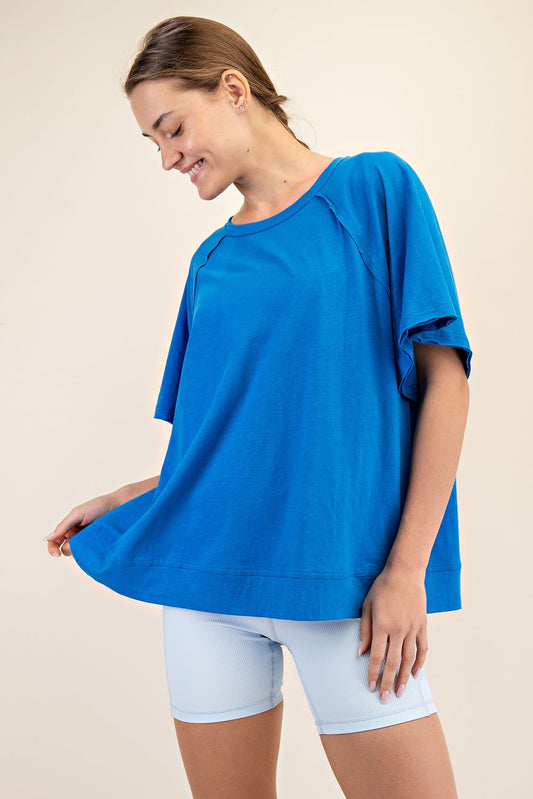 Royal Blue Oversized Raw Hem Short Sleeve Tee