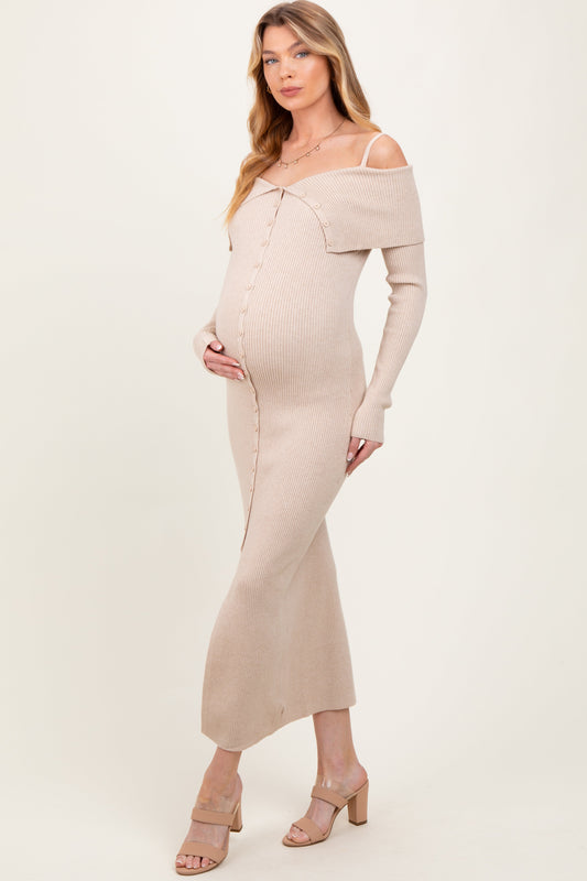 Beige Off Shoulder Long Cardigan Maternity Maxi Dress