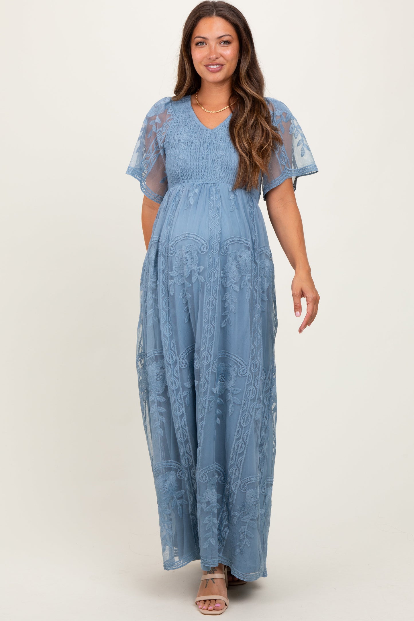 Blue Smocked Top Lace Maternity Maxi Dress