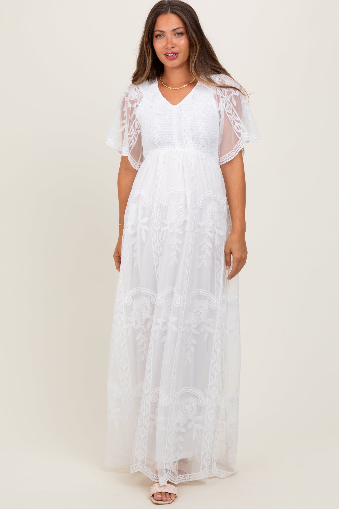 White Smocked Top Lace Maternity Maxi Dress