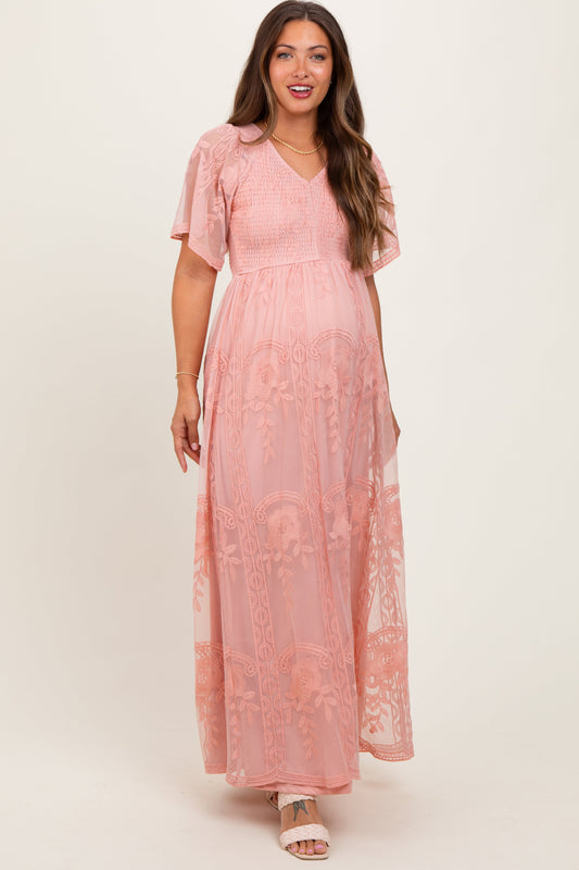 Pink Smocked Top Lace Maternity Maxi Dress