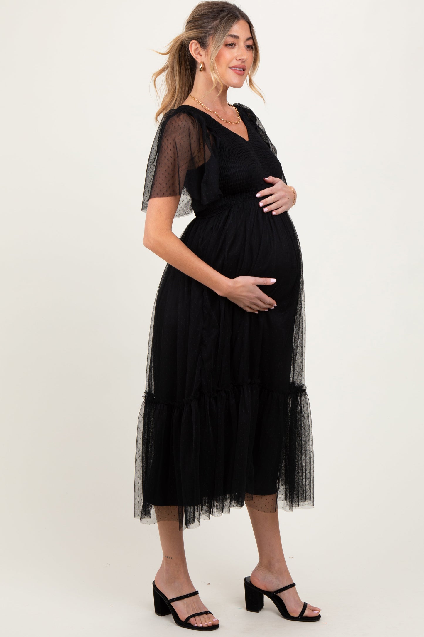 Black Dotted Tulle Smocked Maternity Midi Dress