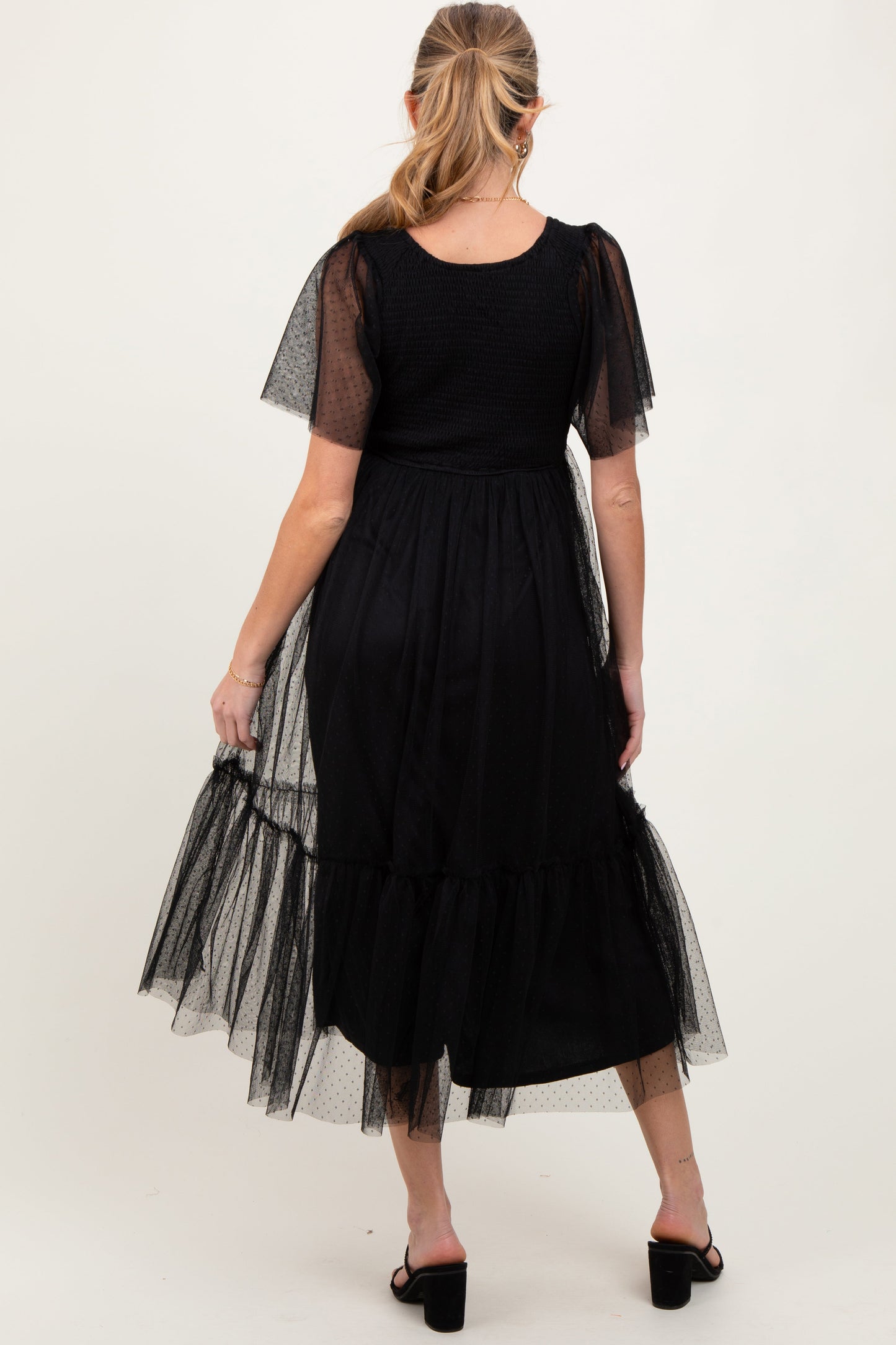 Black Dotted Tulle Smocked Maternity Midi Dress