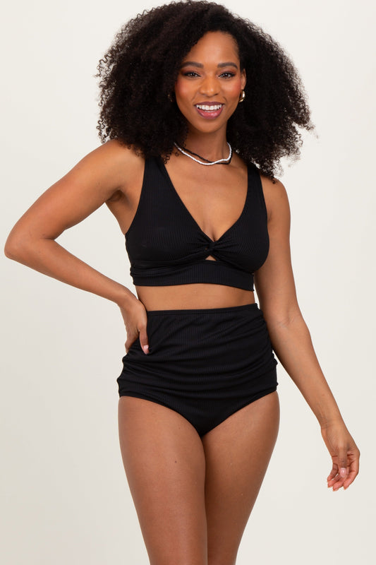 Black Ribbed Twist Cutout Front Swim Set