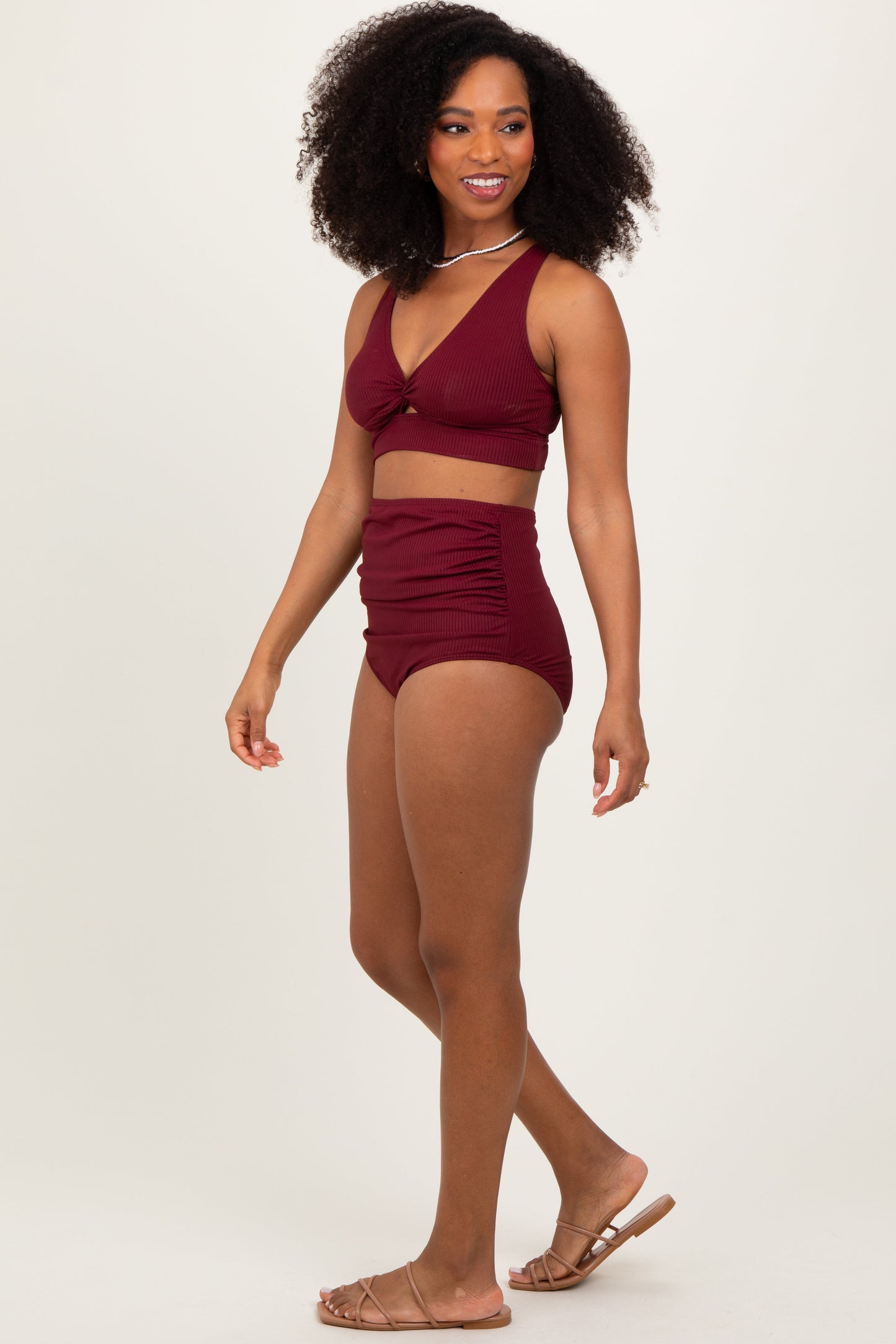 Burgundy Ribbed Twist Cutout Front Swim Set