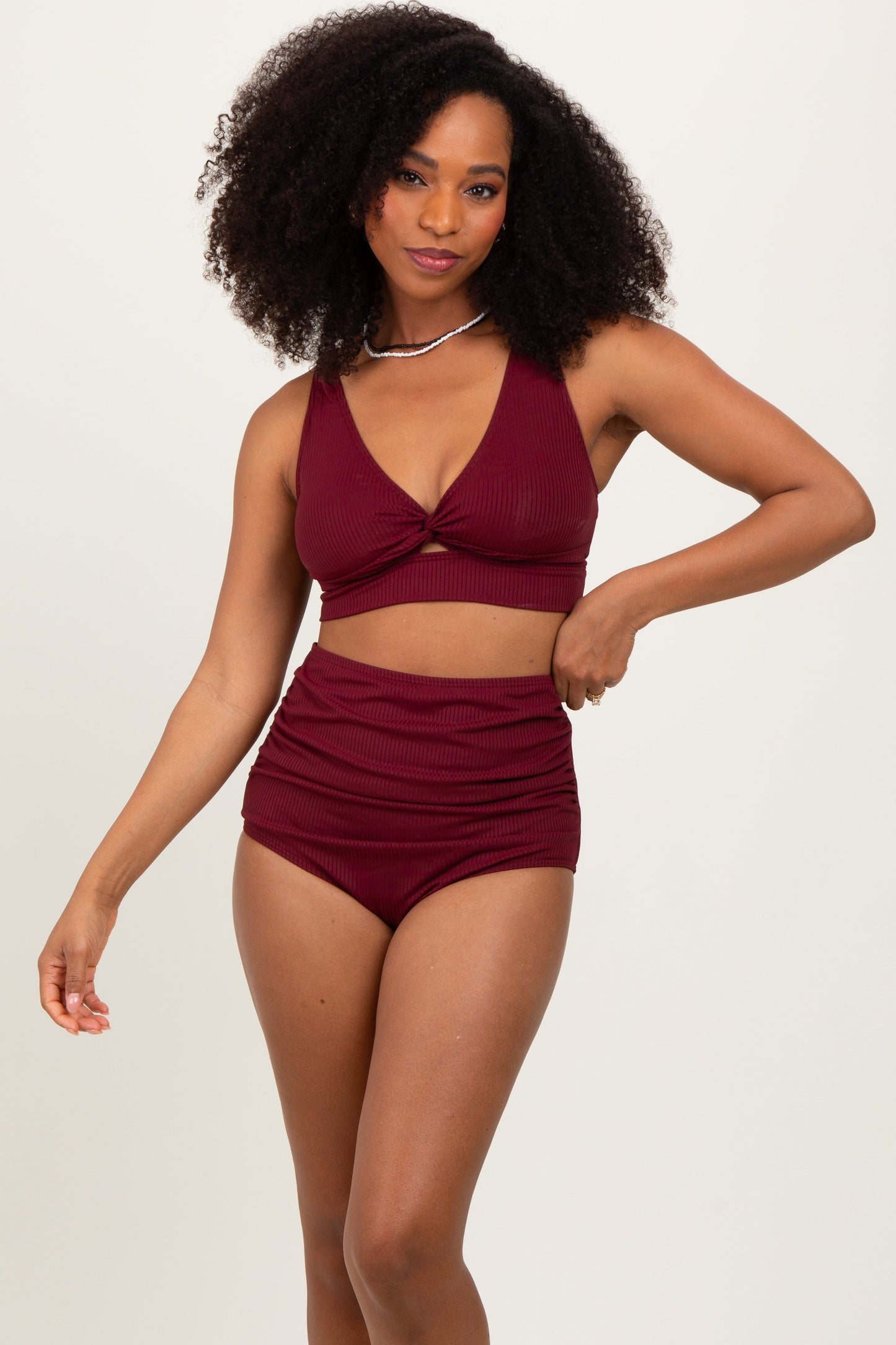 Burgundy Ribbed Twist Cutout Front Swim Set