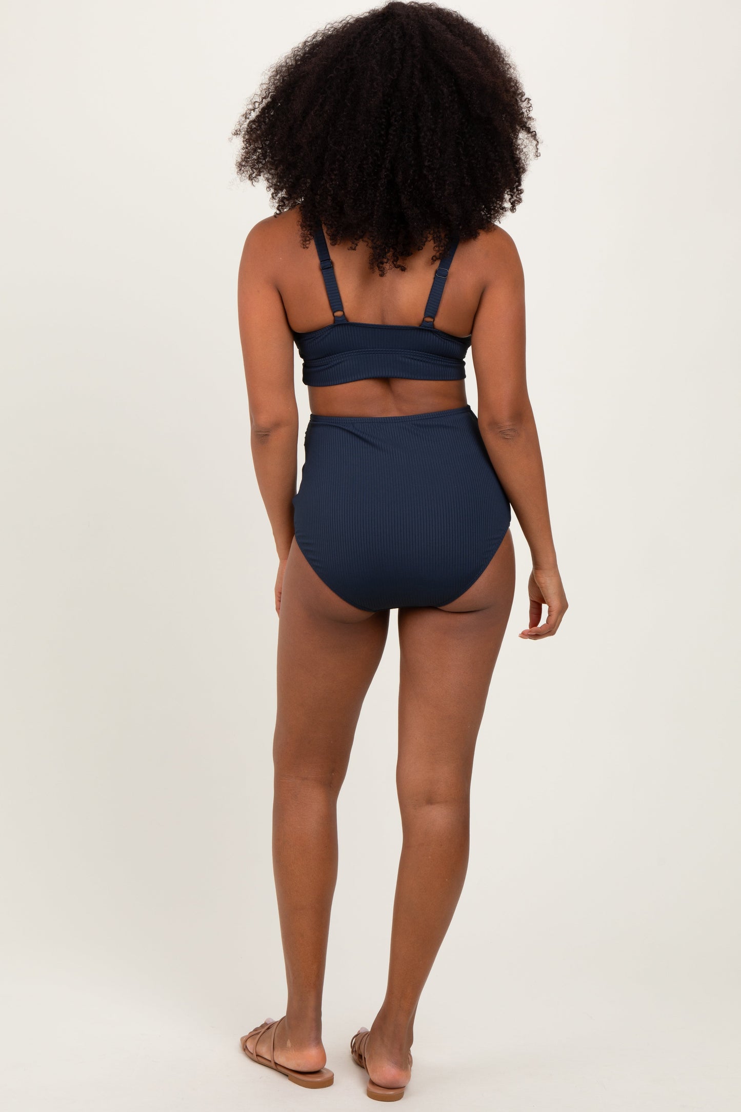 Navy Ribbed Twist Cutout Front Swim Set