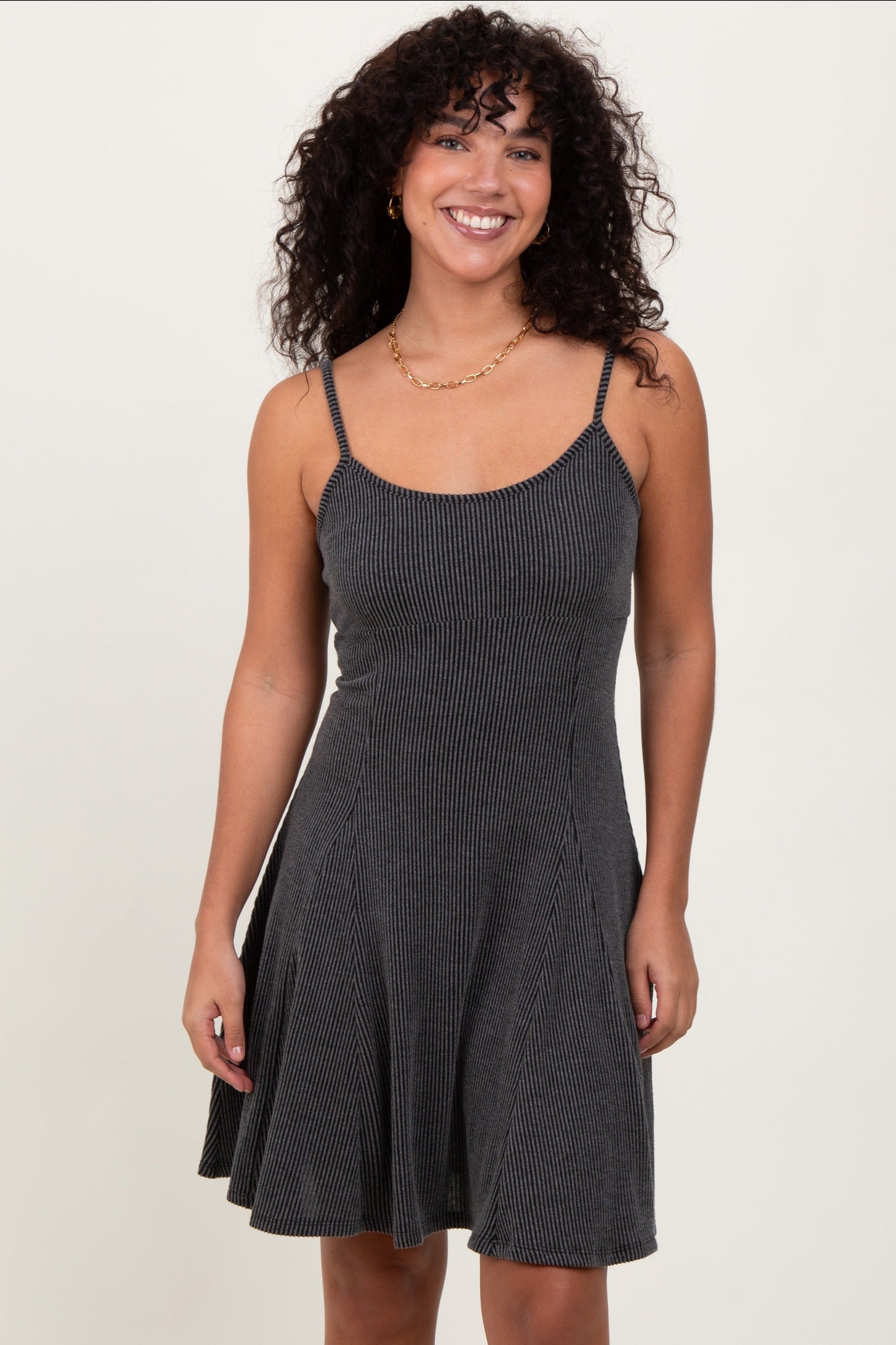 Charcoal Solid Ribbed Knitted Adjustable Strap Sleeveless Mini Dress
