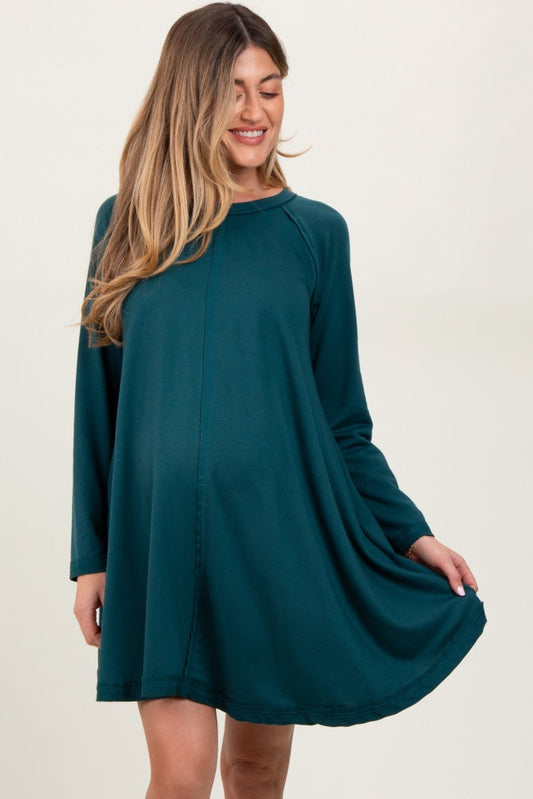 Green Crew Neck Flared Fit Long Sleeve Maternity Mini Dress