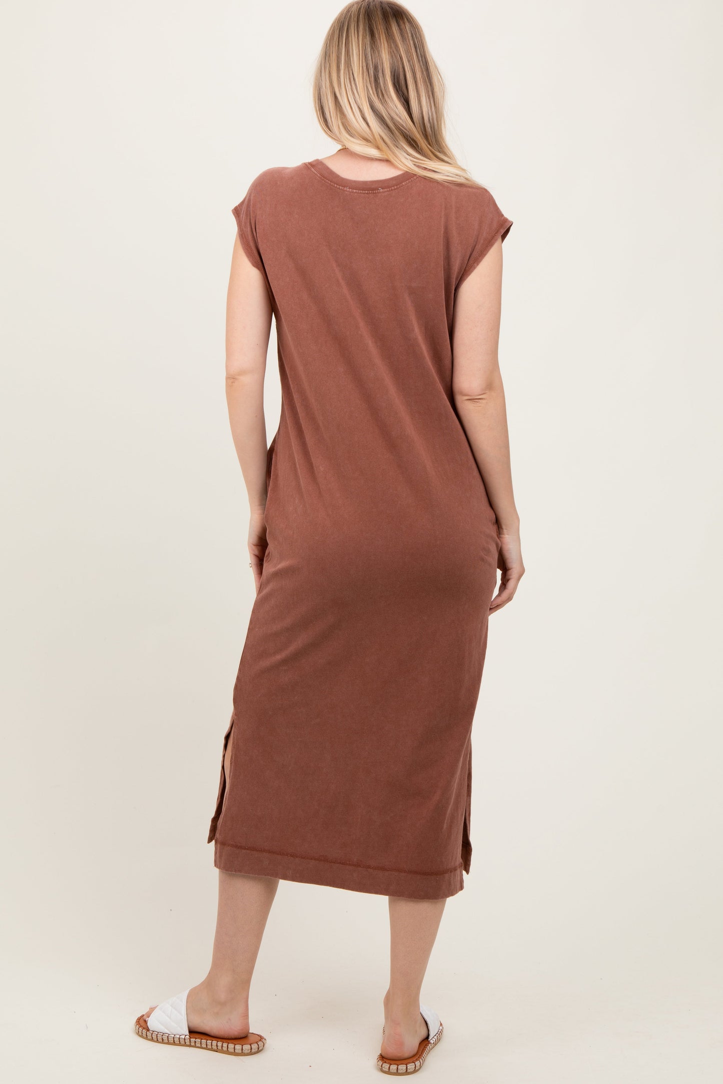Camel Casual Sleeveless Pocketed Midi Dress
