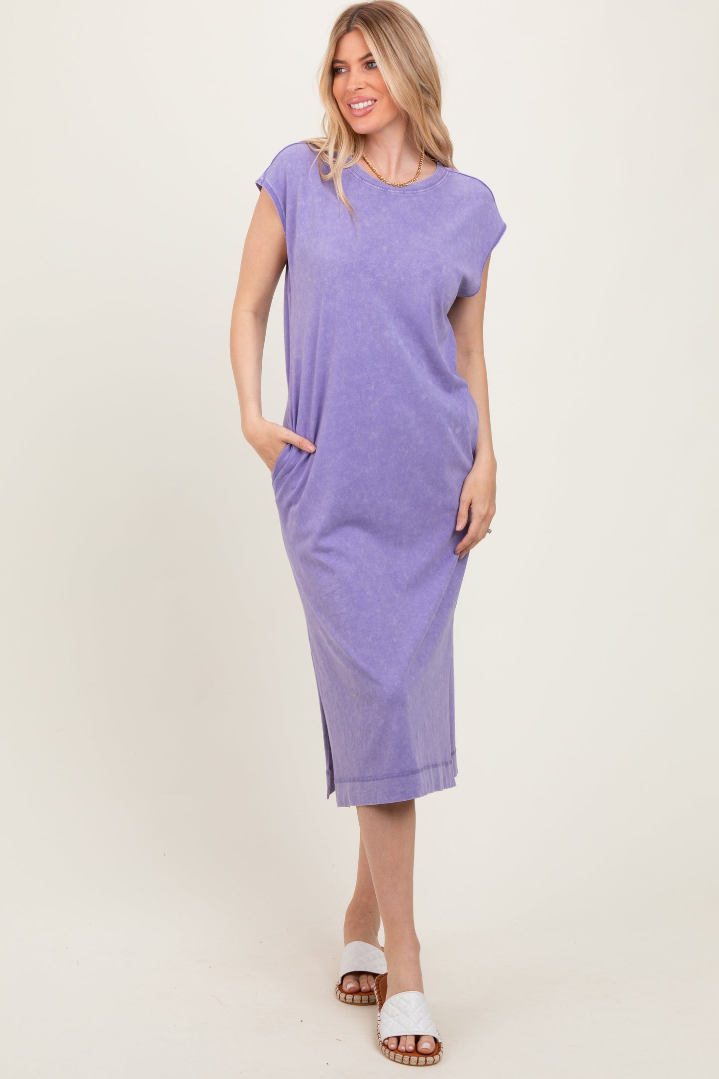 Lavender Casual Sleeveless Pocketed Midi Dress