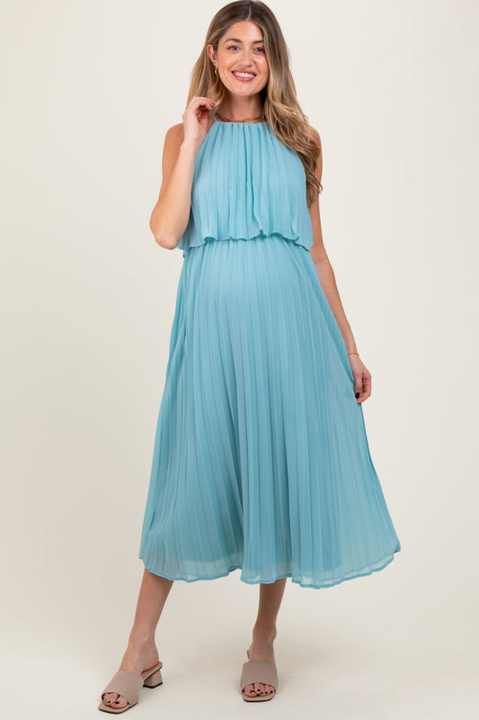 Blue Pleated Woven Maternity Midi Dress