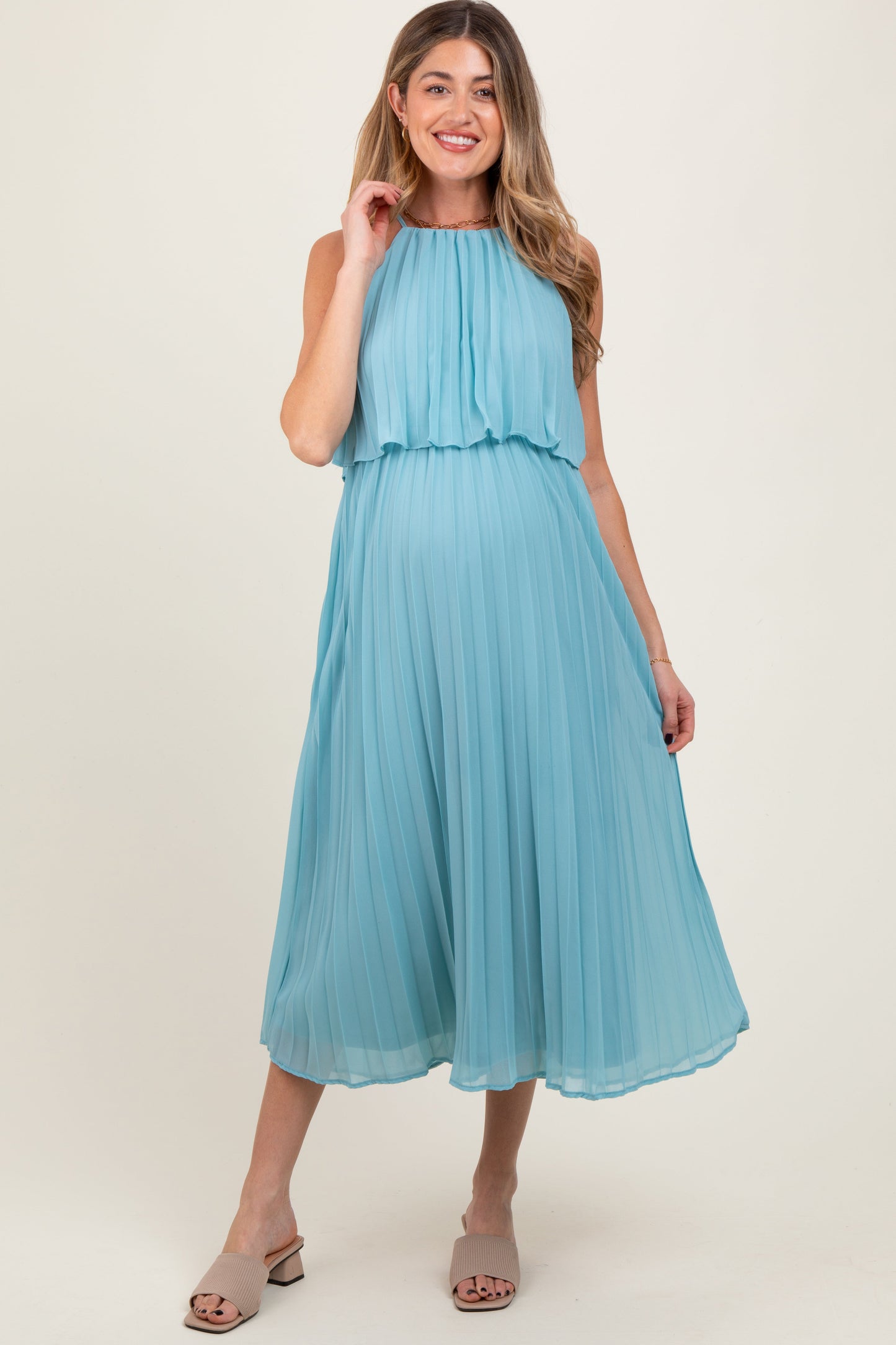 Blue Pleated Woven Maternity Midi Dress