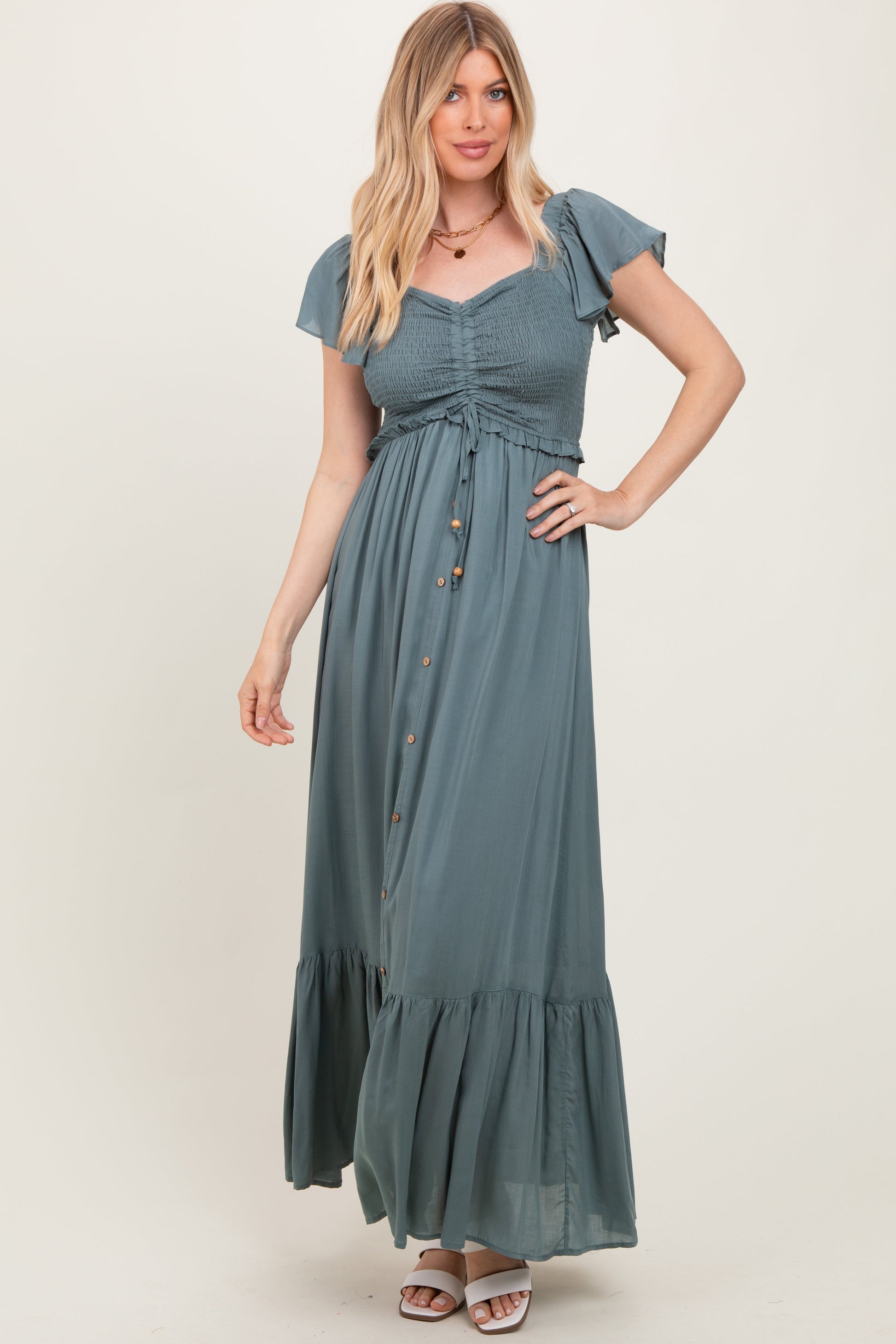 PinkBlush Maternity Smocked Top Woven Maxi Dress - Light Olive