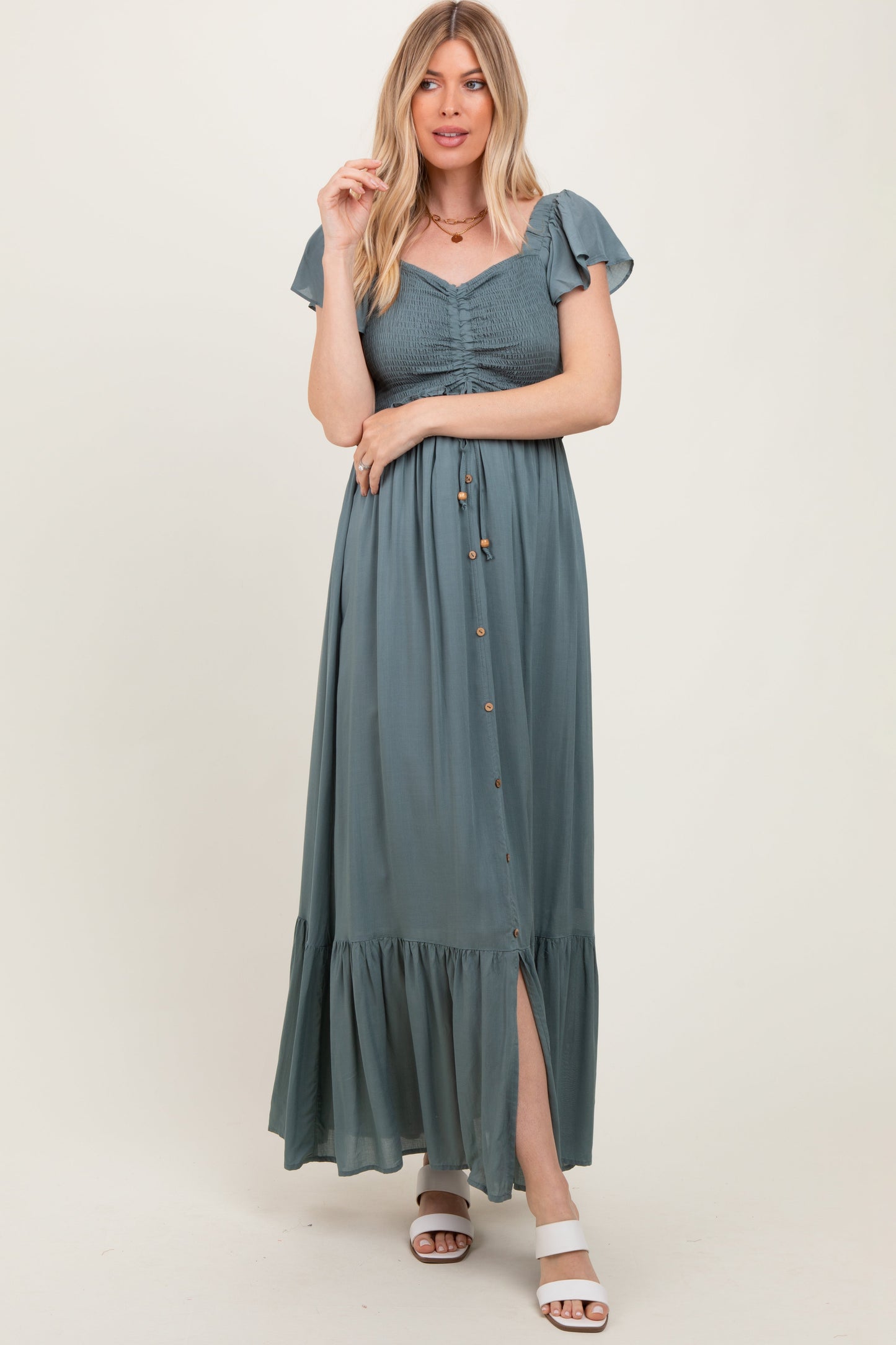 Sage Smocked Top Woven Maxi Dress