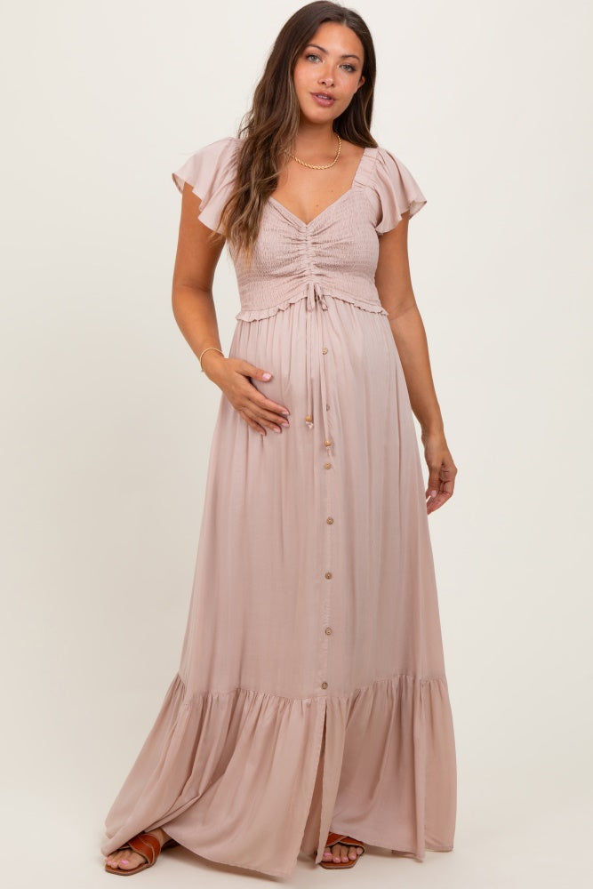 Taupe Smocked Top Woven Maternity Maxi Dress