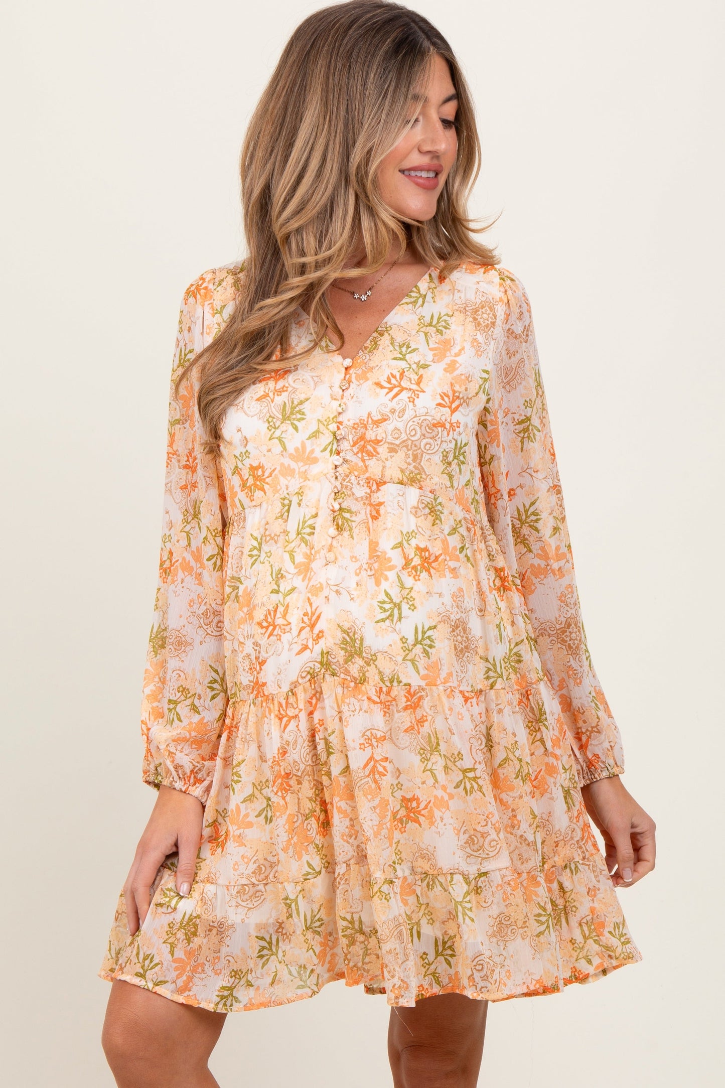 Orange Floral Chiffon Babydoll Long Sleeve Maternity Dress