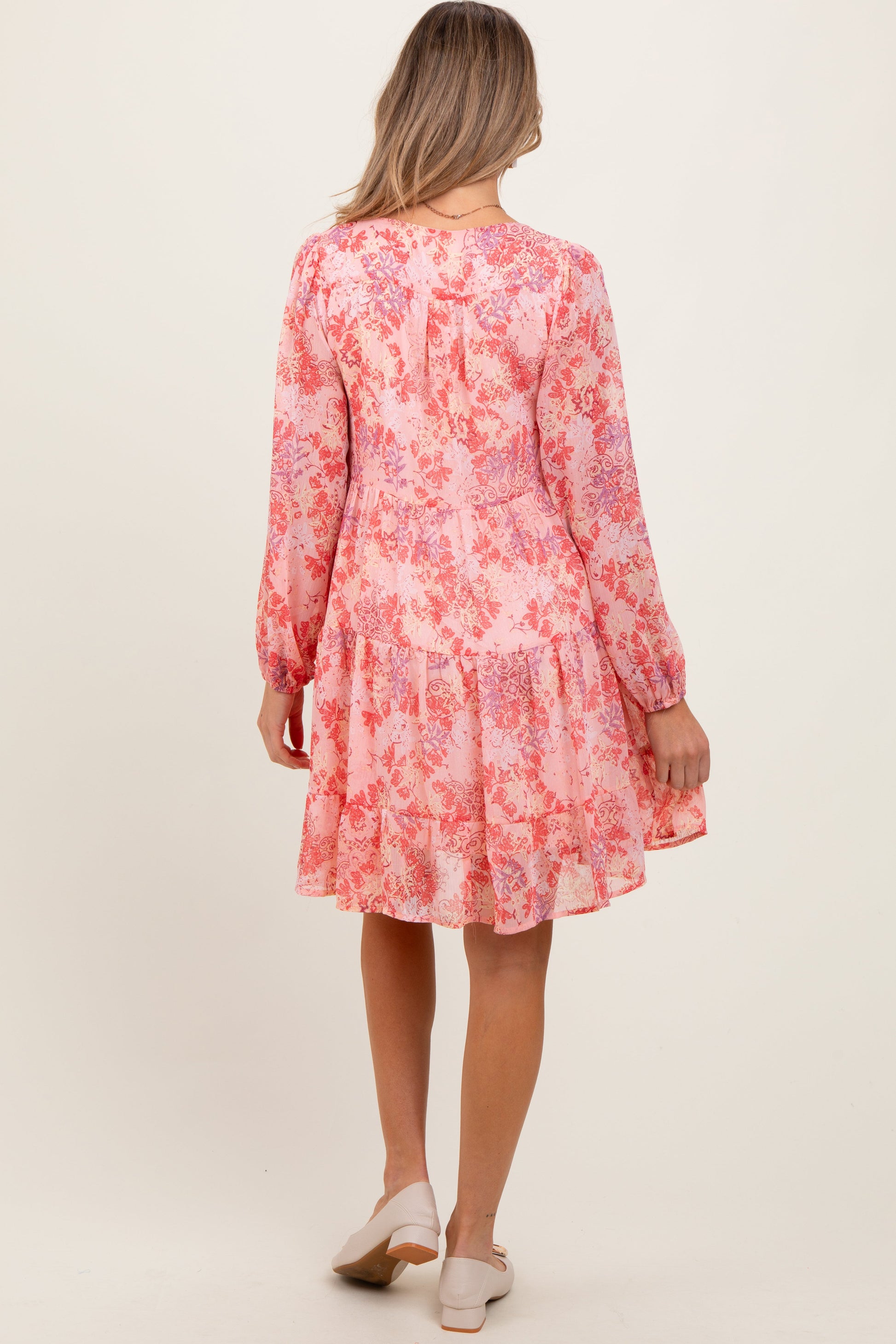 Pink Floral Chiffon Babydoll Long Sleeve Maternity Dress The Prissy Pelican Pink Floral Chiffon Babydoll Long Sleeve Maternity Dress The Prissy Pelican