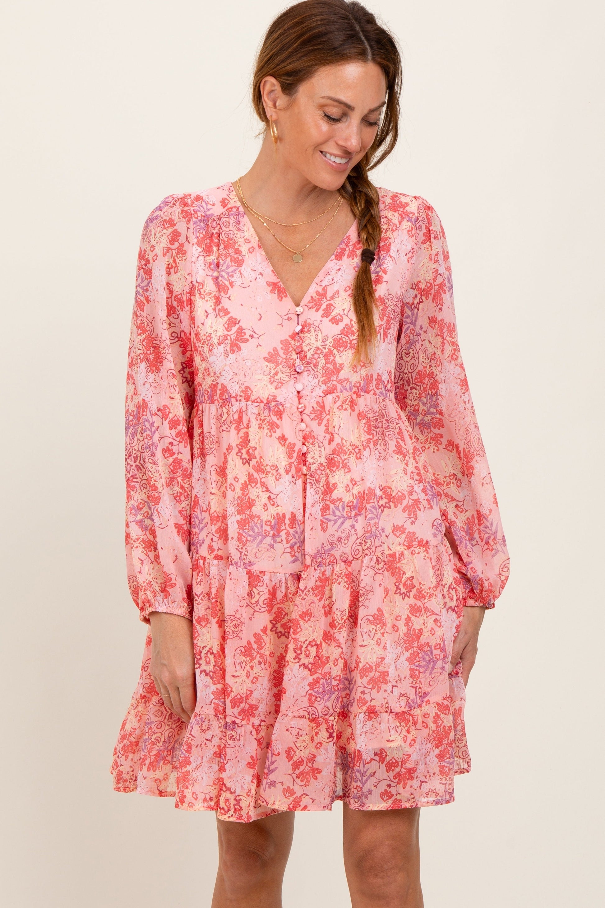 Pink Floral Chiffon Babydoll Long Sleeve Maternity Dress The Prissy Pelican Pink Floral Chiffon Babydoll Long Sleeve Maternity Dress The Prissy Pelican