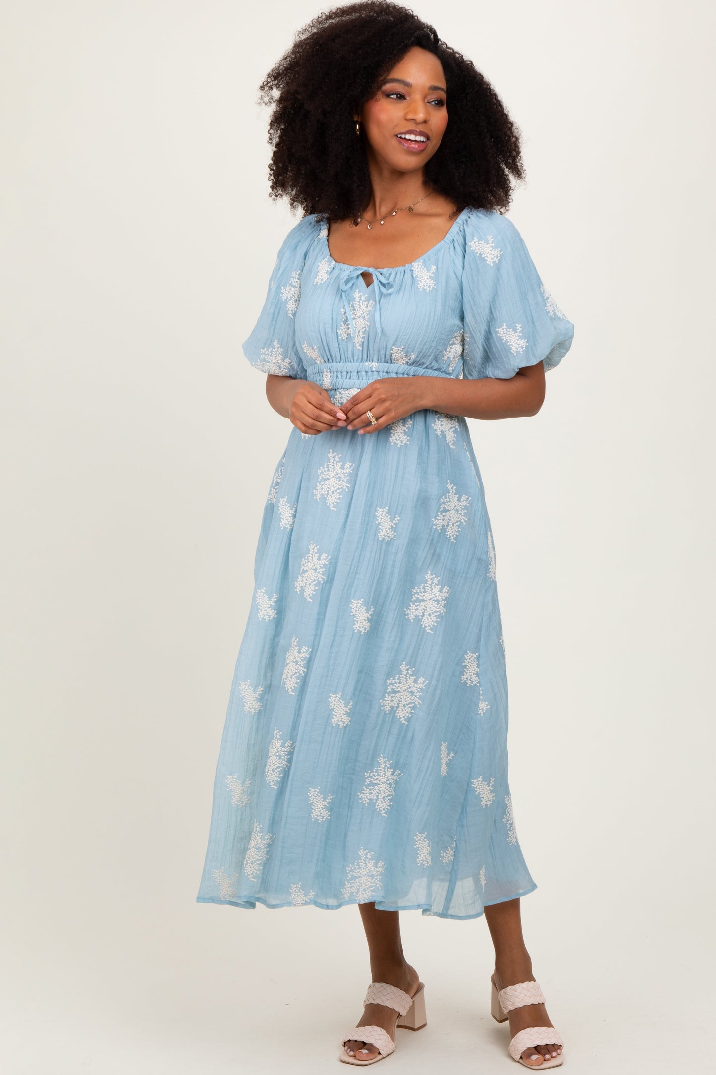 Light Blue Floral Embroidered Puff Sleeve Midi Dress