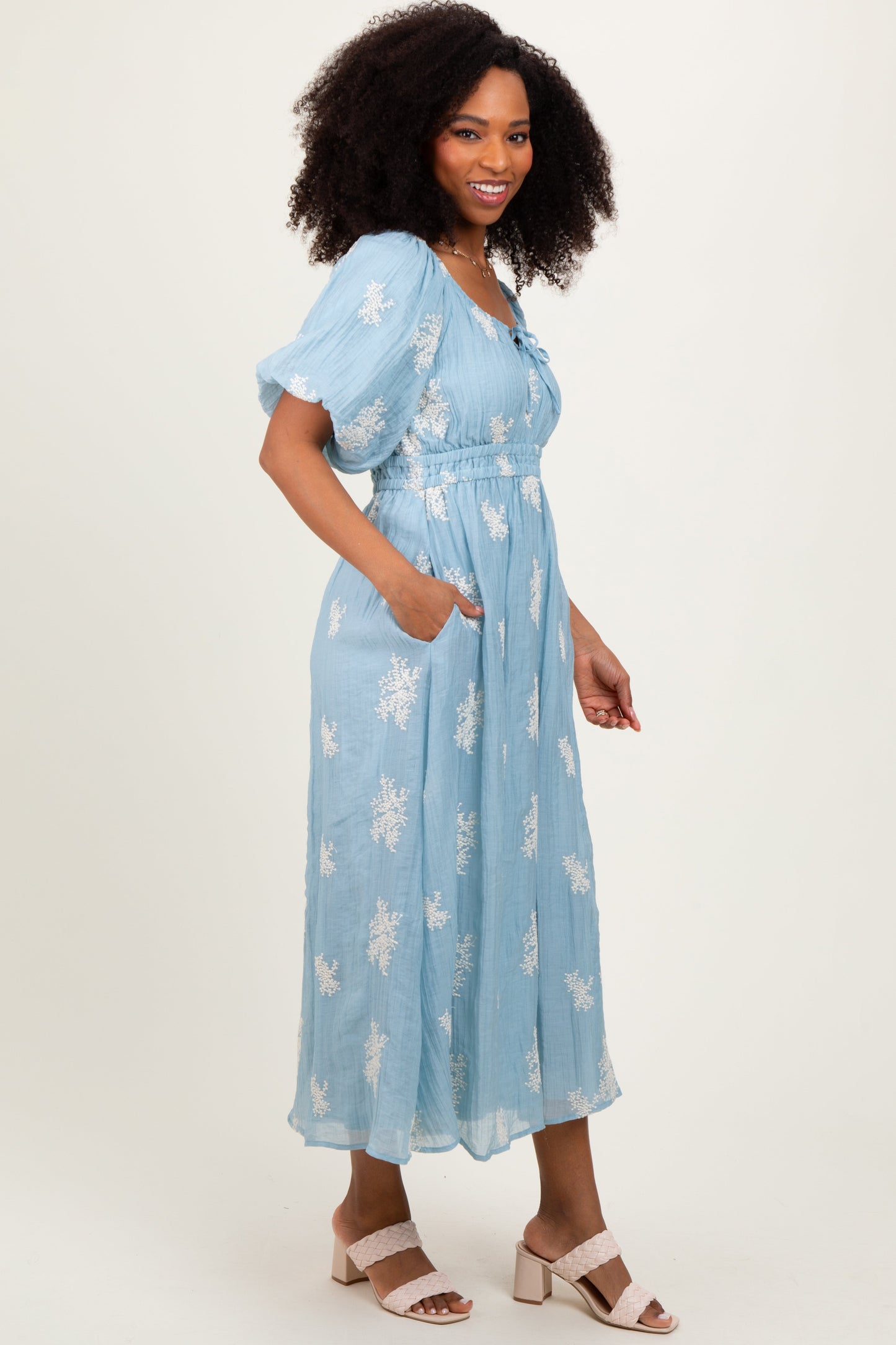 Light Blue Floral Embroidered Puff Sleeve Midi Dress