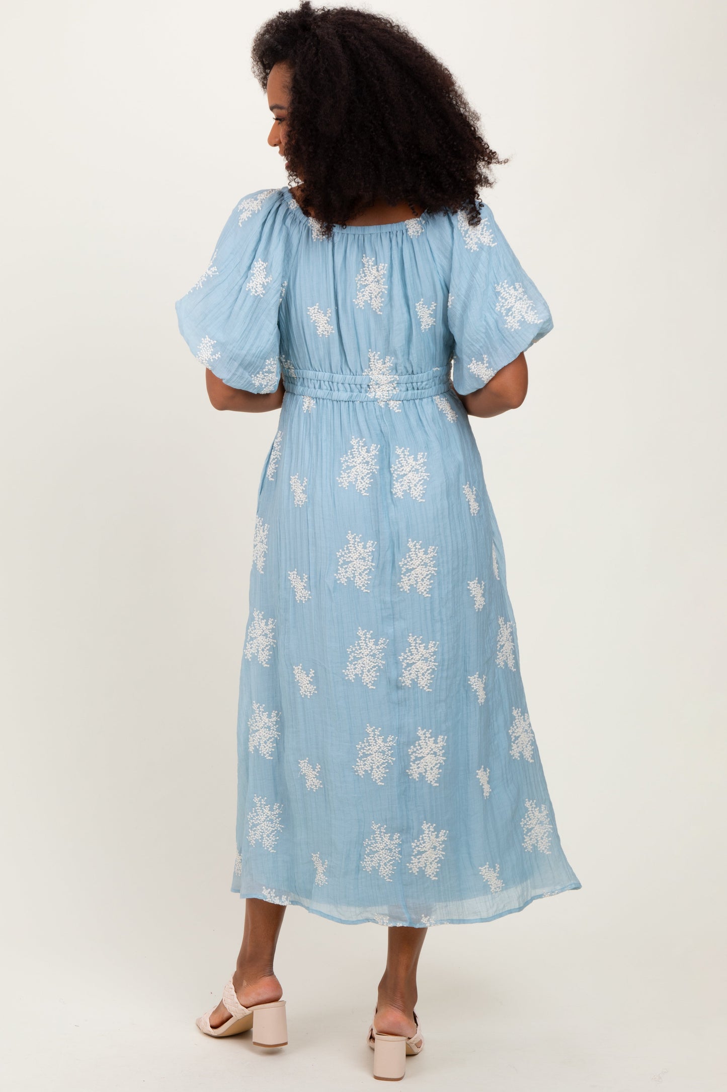 Light Blue Floral Embroidered Puff Sleeve Midi Dress