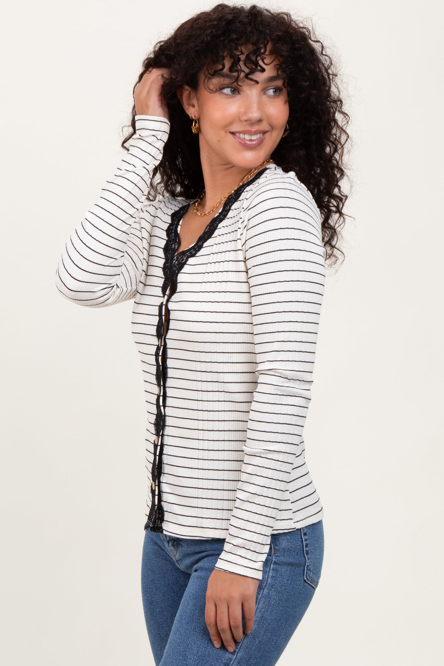 Ivory Striped Ribbed Long Sleeve Lace Detail Button Down Cardigan