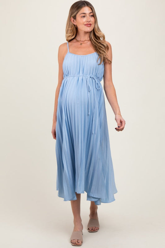 Light Blue Pleated Sash Tie Maternity Midi Dress