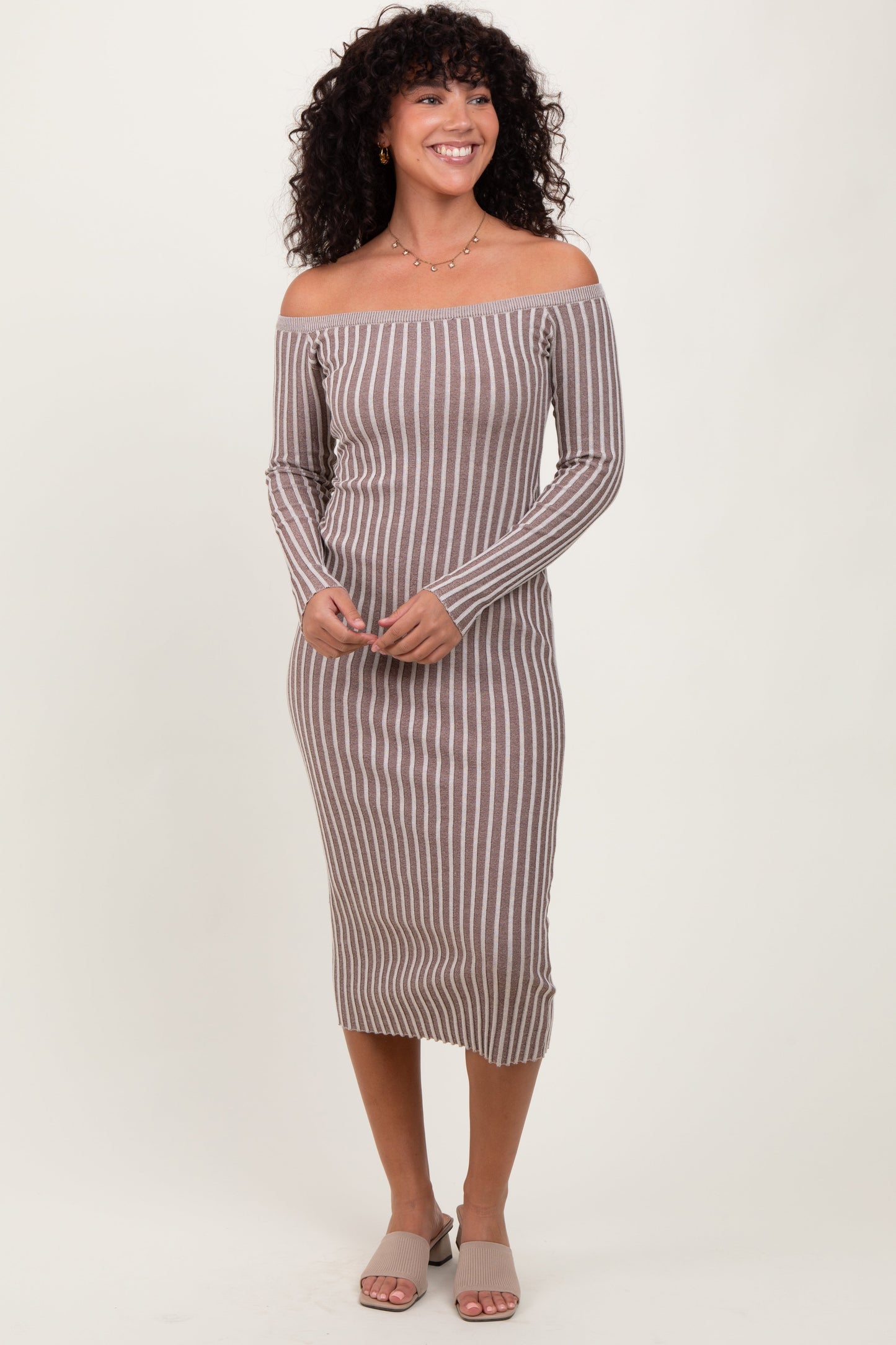 Taupe Striped Off Shoulder Maternity Midi Sweater Dress